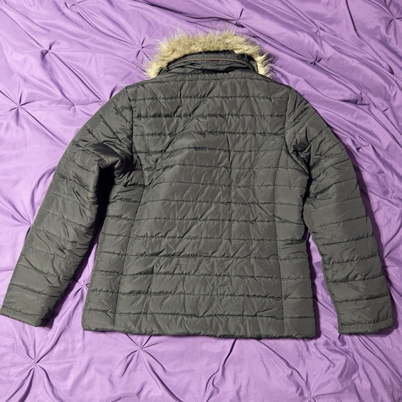 Gray Quilted Hooded Puffer Parka Womens Large Warm Winter Faux Fur Coat - Picture 3 of 7